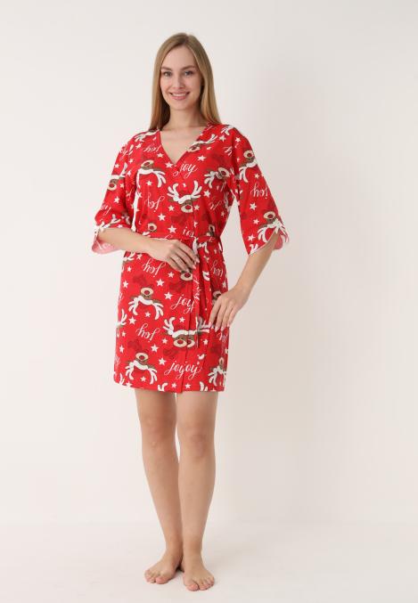 Halat dama Craciun,maneci 3/4,imprimeu reni ,culoare rosu ,En-gros